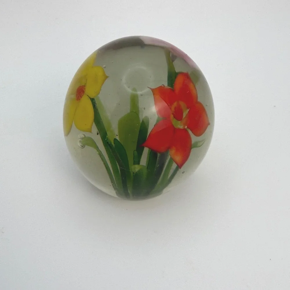 Floral Art Glass Paperweight Pink Yellow Flowers Clear Glass Orb